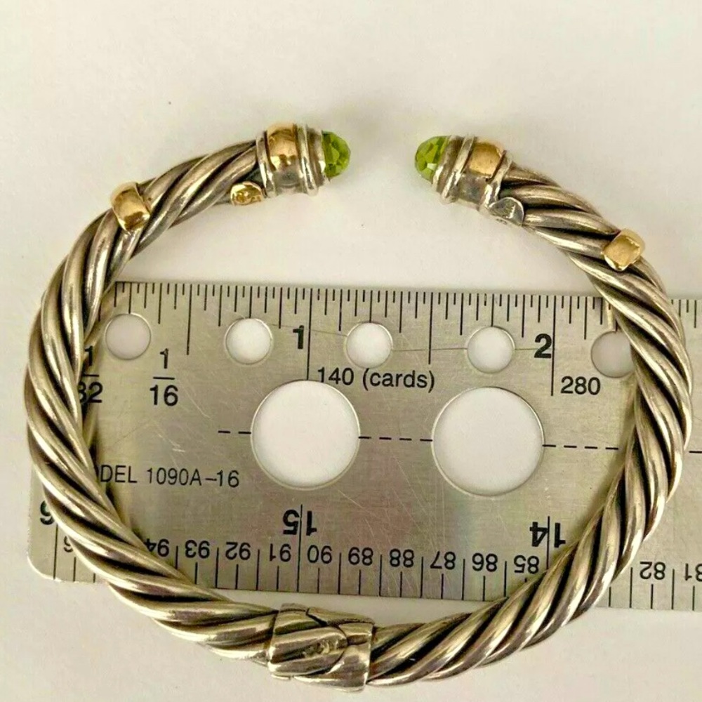 Samuel B. 5mm Sterling Silver 14K Gold Peridot Hinged Cable Cuff - Picture 9 of 11